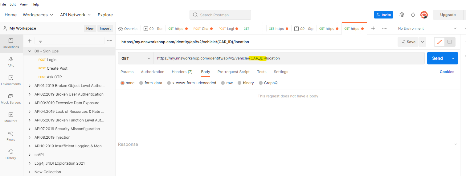 Screenshot of postman doing a GET on their vehicle location
